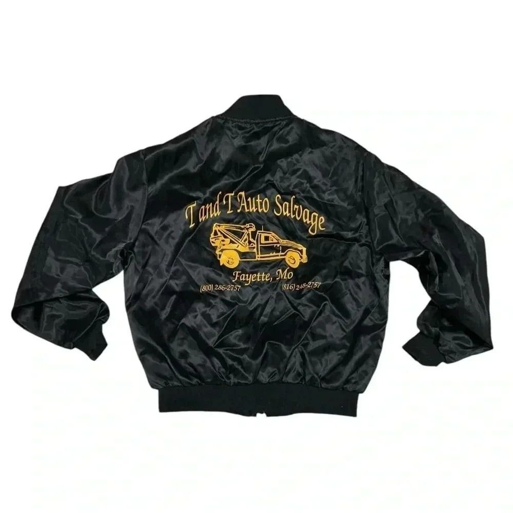 Vintage Satins Made in USA T and T Auto‎ Salvage Full Zip Varsity Jacket. Sz XL